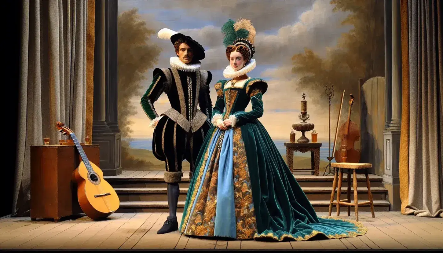 Elizabethan-era stage scene with actors in period costumes, man in green velvet doublet, woman in blue embroidered dress, wooden stage with painted backdrop.