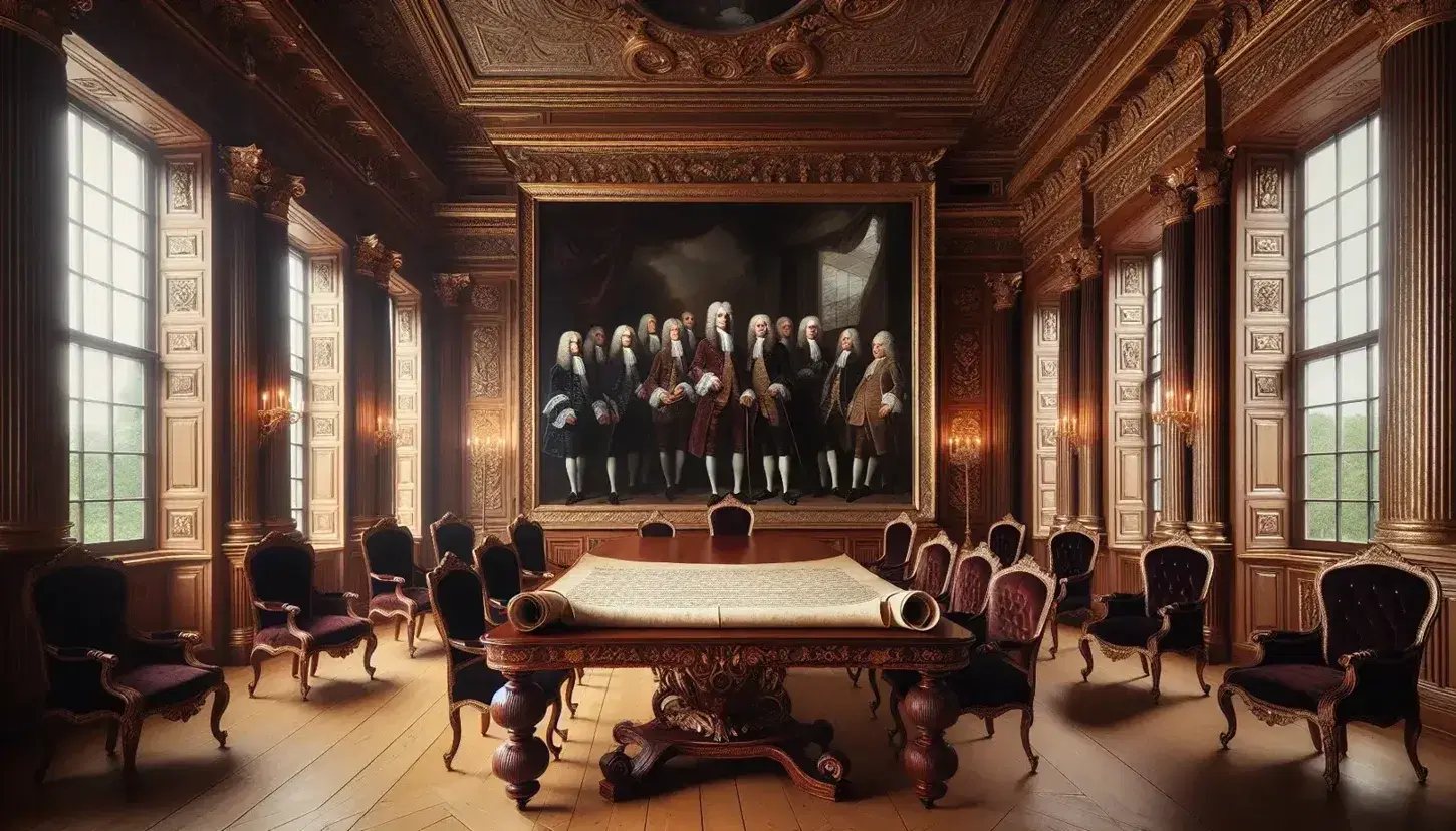Elegant 18th-century style room with gold leaf wall designs, a large wooden table with a scroll, high-backed velvet chairs, and a realistic oil painting of a solemn historical assembly.