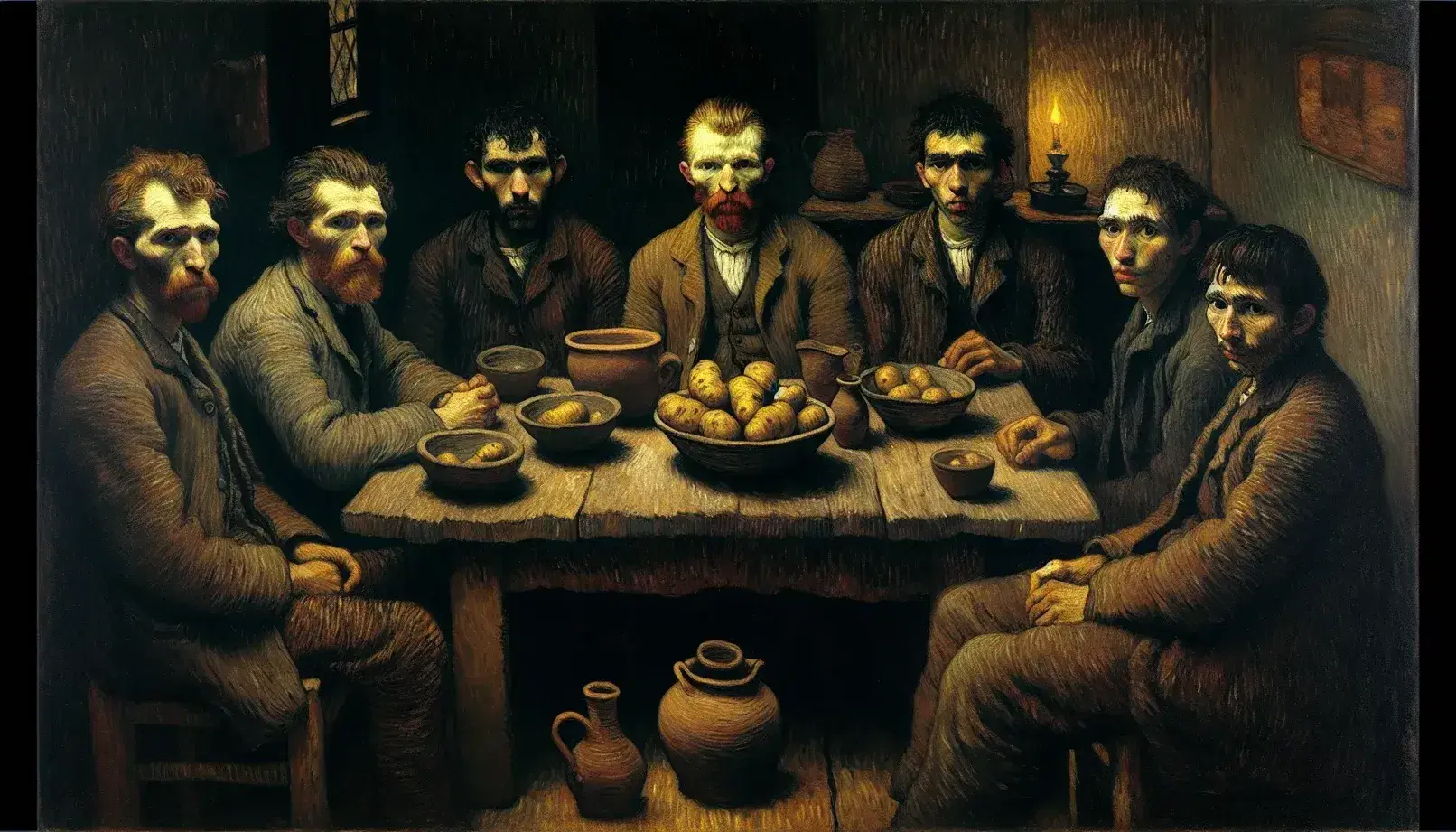 Riproduzione del dipinto 'I Mangiatori di Patate' di Van Gogh con cinque figure attorno a un tavolo scuro in una stanza buia.