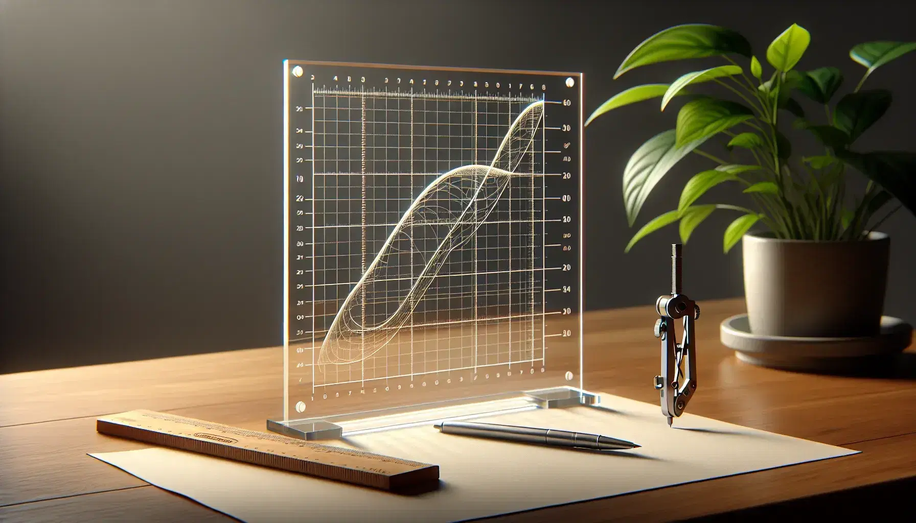 Clear acrylic graphing board with etched Cartesian coordinates and a curving line, compass on blank paper, wooden ruler, and potted green plant on a desk.