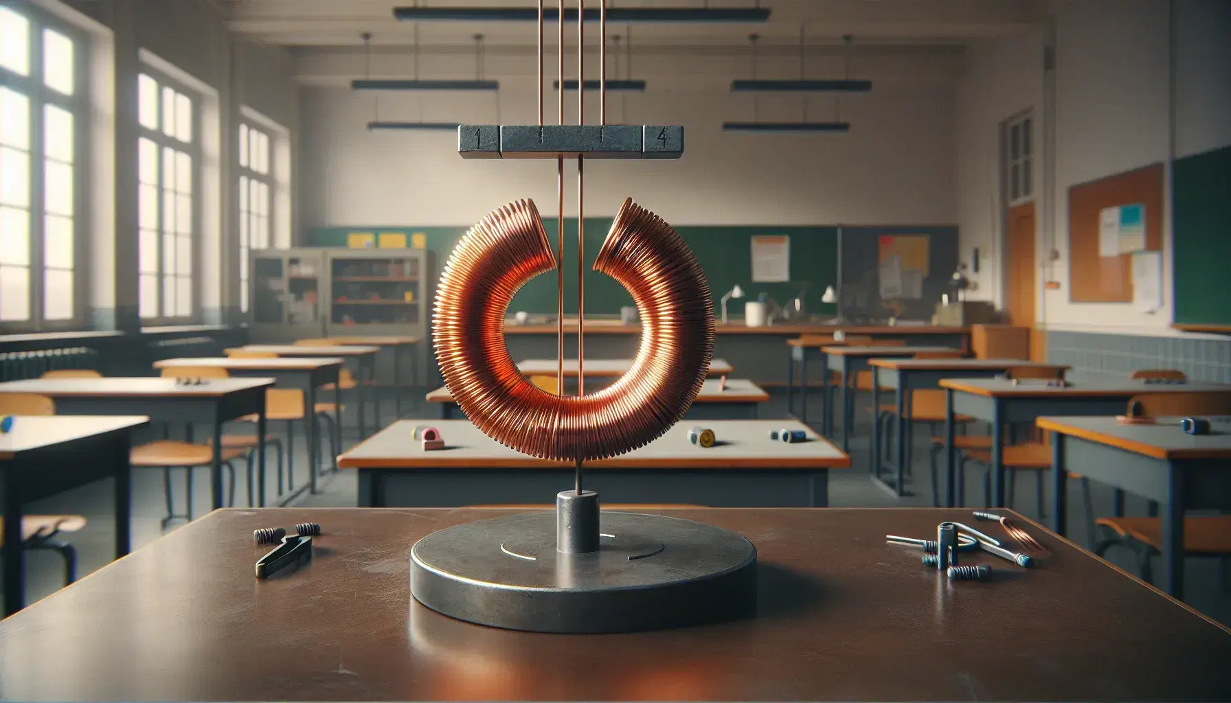 Esperimento fisico con bobina di rame e magnete sospeso in laboratorio scolastico, effetti di luce naturale, nessuna presenza umana.