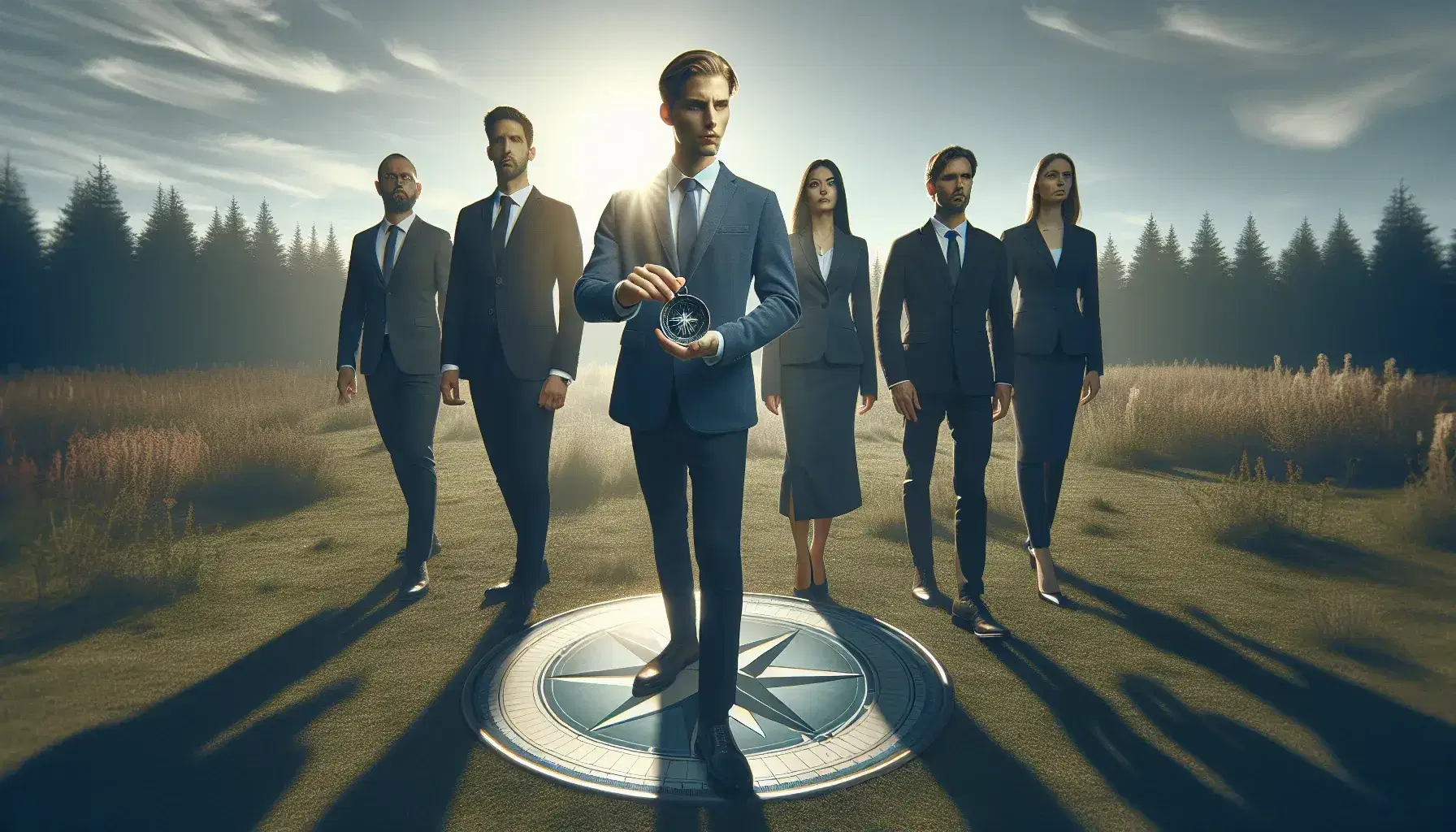Grupo de cinco profesionales en atuendo formal al aire libre, líder con brújula señalando el horizonte en un campo verde bajo cielo azul.
