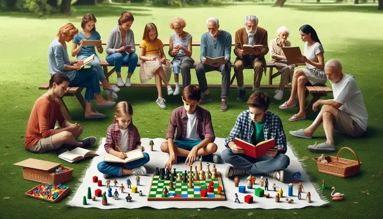 Niños jugando con bloques de colores en un parque, adolescente observando hormigas, adultos en partida de ajedrez y ancianos en un banco bajo cielo azul.