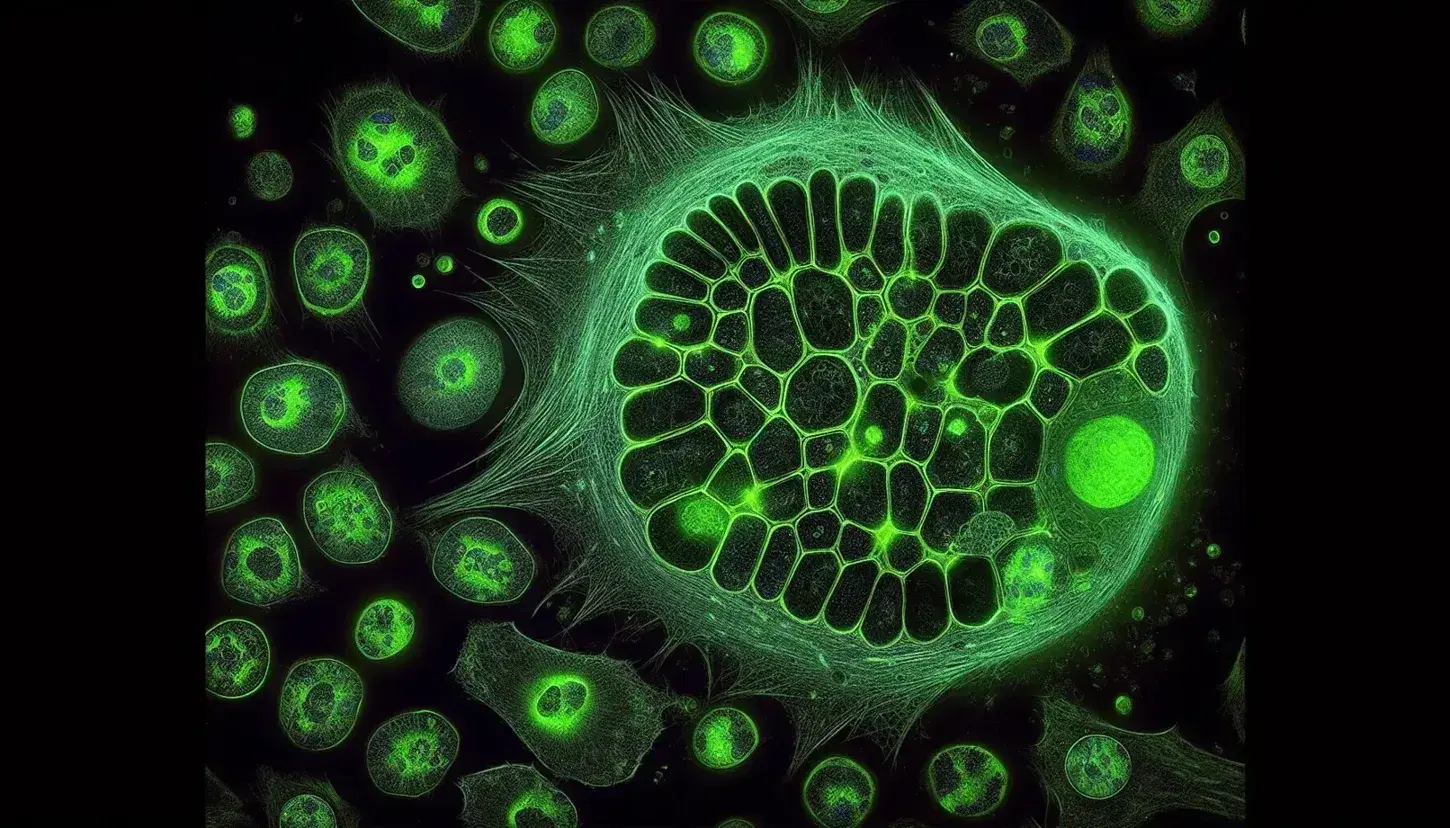 Vista microscópica de células eucariotas teñidas con tinte fluorescente, mostrando una célula central destacada y varias en división celular.