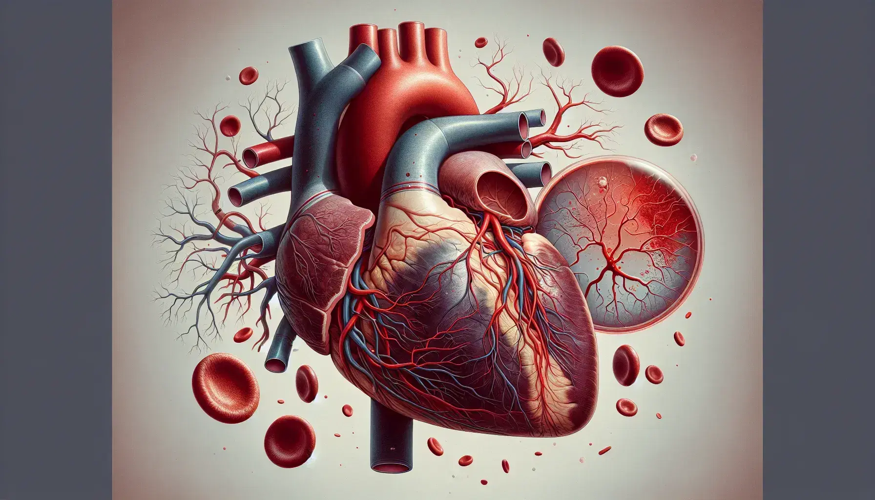 Cuore umano realistico con arterie e vene, goccia di sangue ingrandita e sezione trasversale di vaso sanguigno, senza testo o simboli.