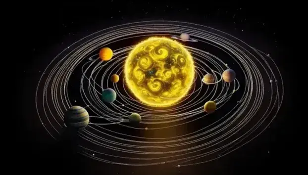 Modello tridimensionale del Sistema Solare con otto pianeti su orbite ellittiche, Sole centrale luminoso e sfondo stellato nero.