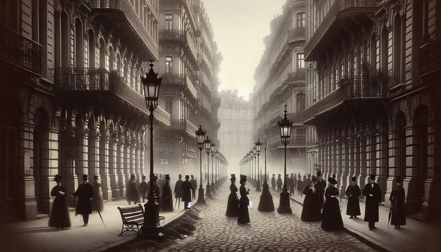 Calle empedrada de época con edificios clásicos y balcones de hierro forjado, farolas antiguas y personas con vestimenta de siglo XIX.