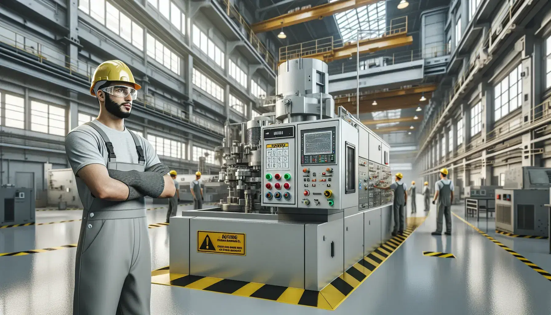 Trabajador con casco de seguridad en taller industrial junto a maquinaria con botones de control, señales de seguridad al fondo y suelo demarcado.