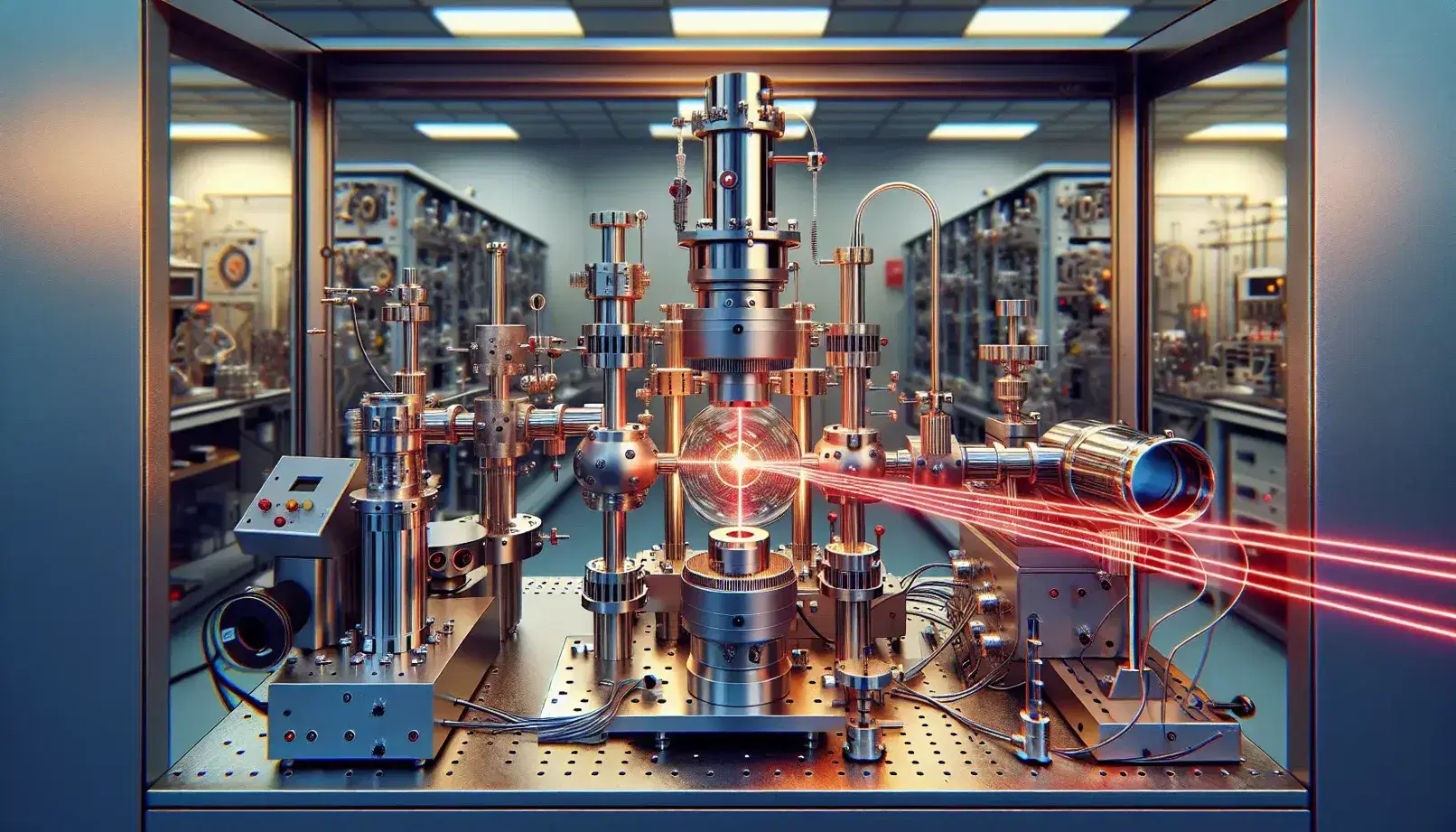 Sophisticated quantum optics setup in a lab with a laser beam split by a half-silvered mirror intersecting two ESR devices on a bench.