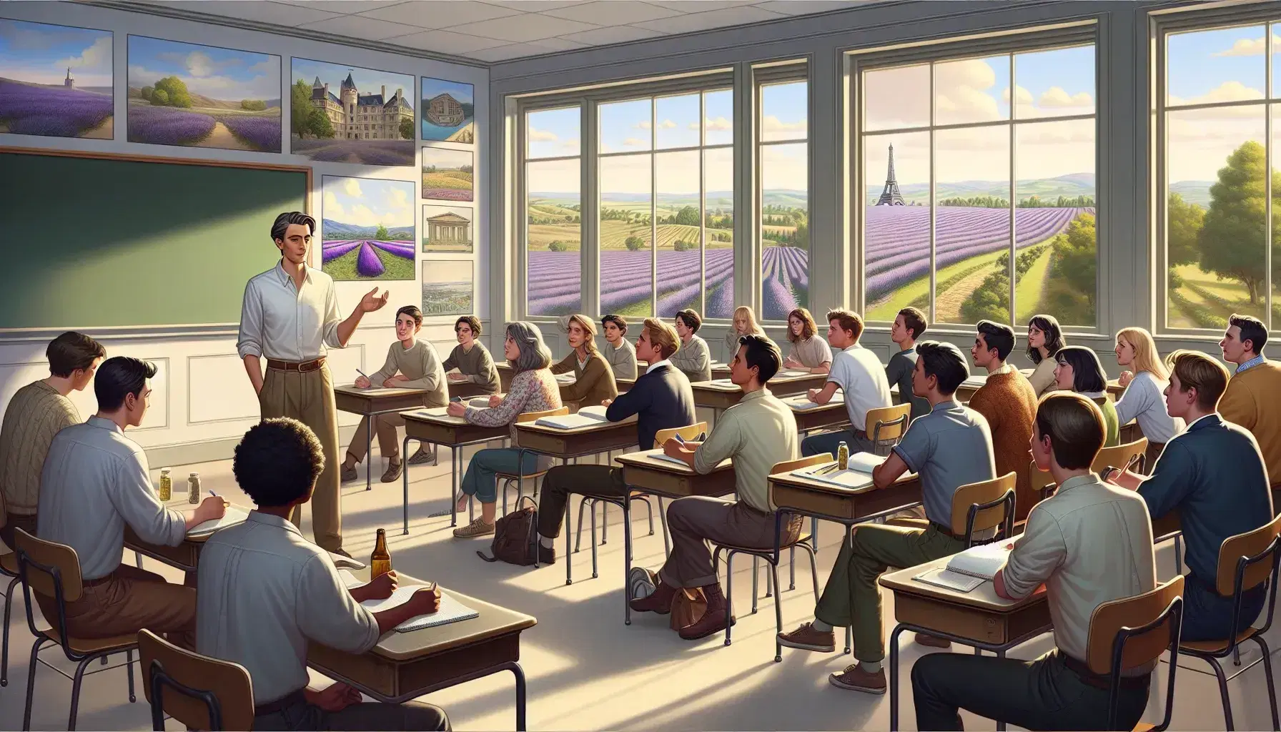 Diverse students in a semi-circle engage in a lesson with a teacher gesturing, surrounded by French-themed posters, in a sunlit classroom.
