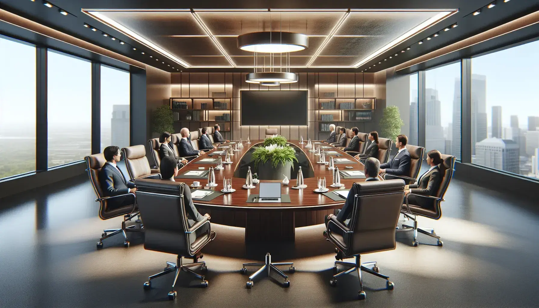 Modern boardroom with a large wooden table, high-back leather chairs, laptops, and a city view through large windows, reflecting a professional meeting.