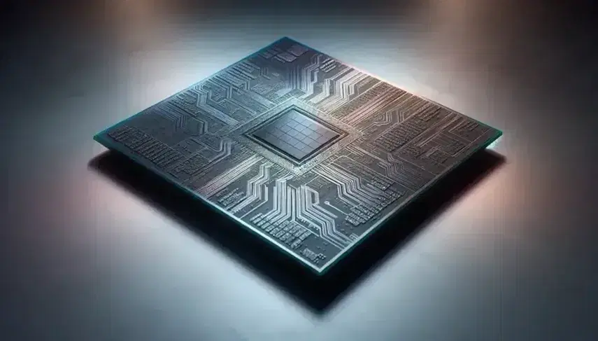 Close-up of a silicon microprocessor showing a complex lattice of metallic circuits on a bluish-gray background, with no text or symbols.
