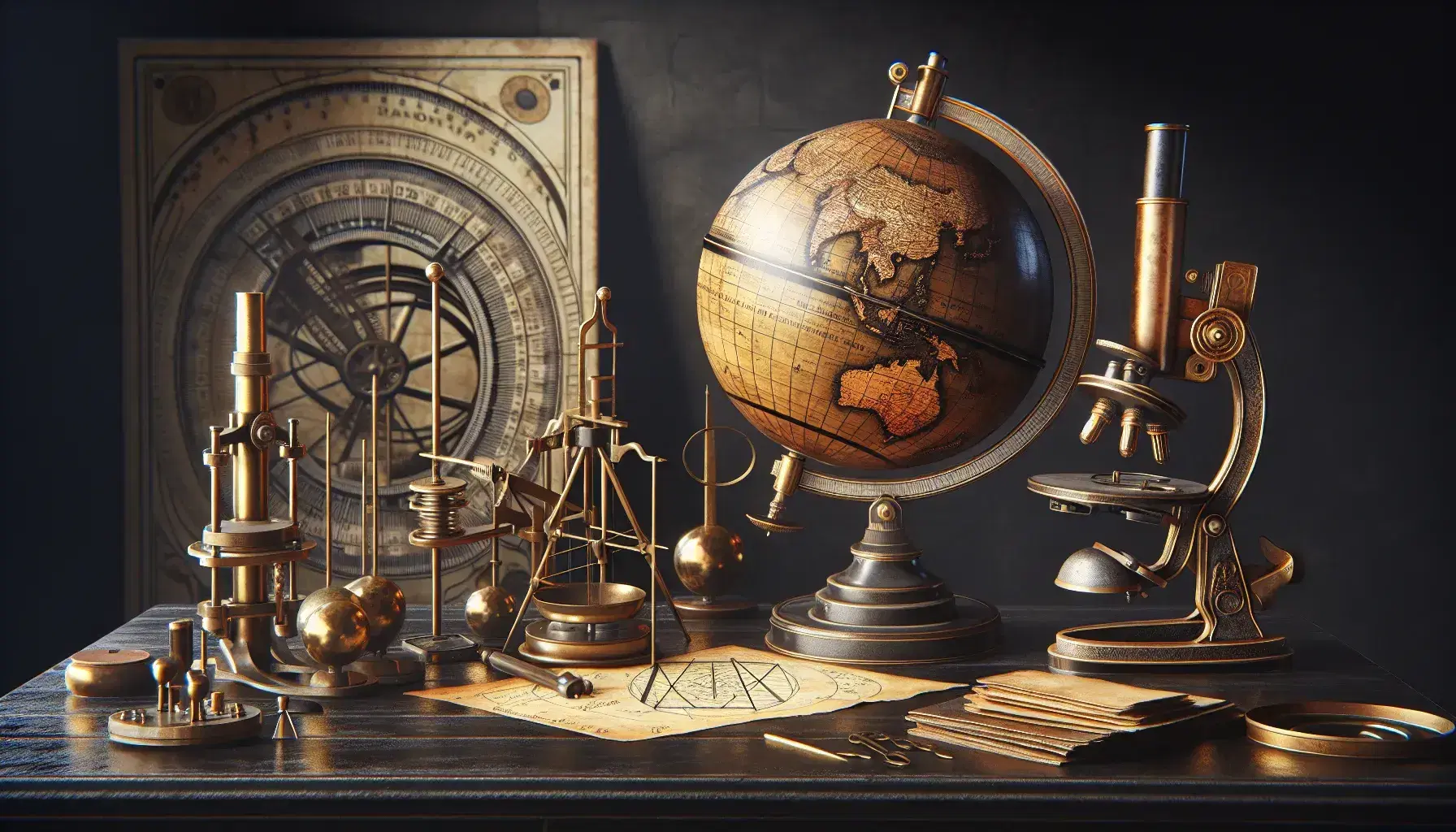 Scrivania antica in legno scuro con globo terrestre, microscopio in ottone, bilancia da laboratorio, astrolabe e compasso, in una stanza illuminata naturalmente.