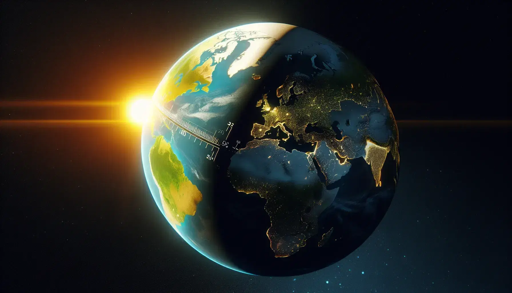 Globo terrestre illuminato mostra il confine tra giorno e notte con Europa e Africa, su sfondo stellato nello spazio.