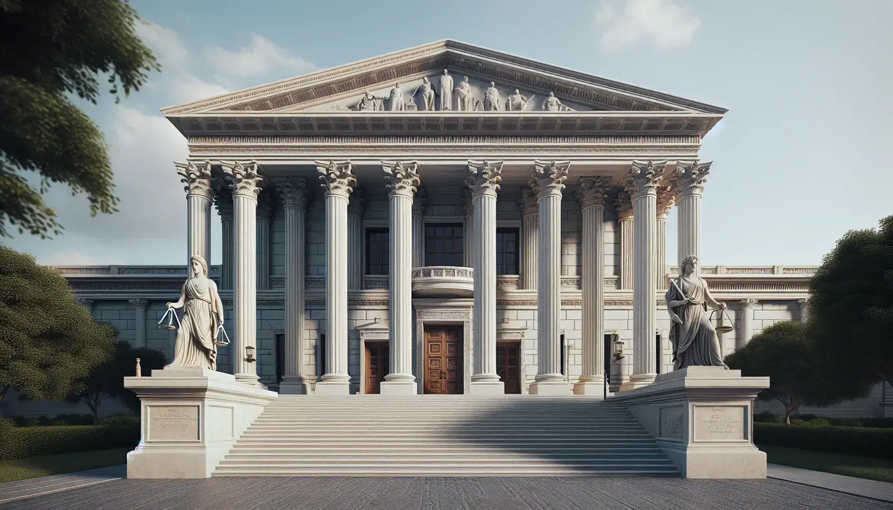 Grand classical-style building with Greco-Roman columns, triangular pediment, flanked by justice-themed statues, under a clear blue sky.