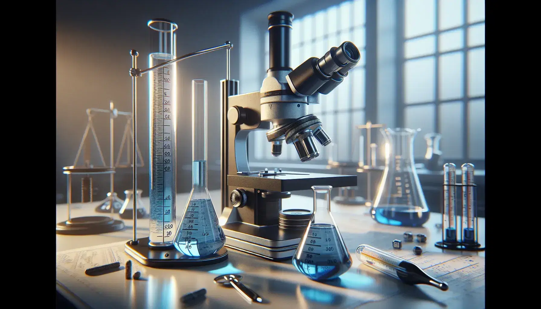 Laboratorio scientifico con microscopio ottico, cilindro graduato con liquido blu, termometro a mercurio e bilancia analitica sfocata.