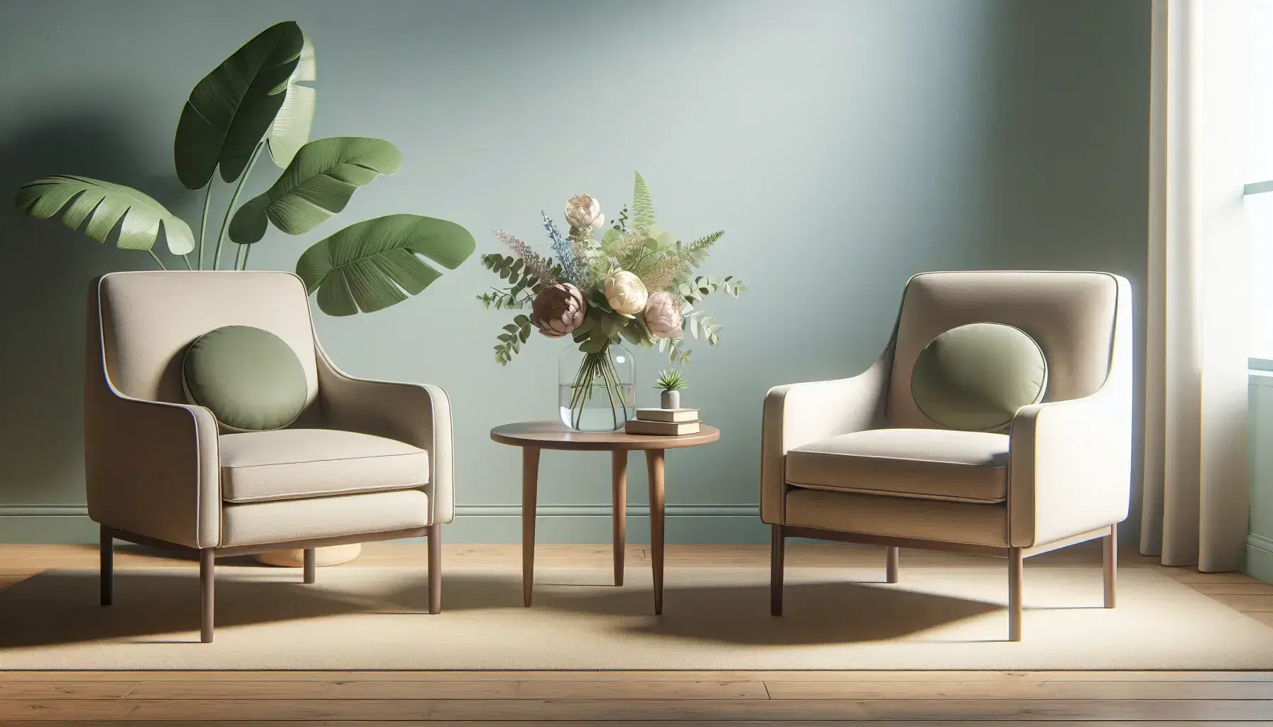 Relaxing therapy environment with beige armchairs, green pillows, coffee table with pastel flowers and green plant on light wooden floor.