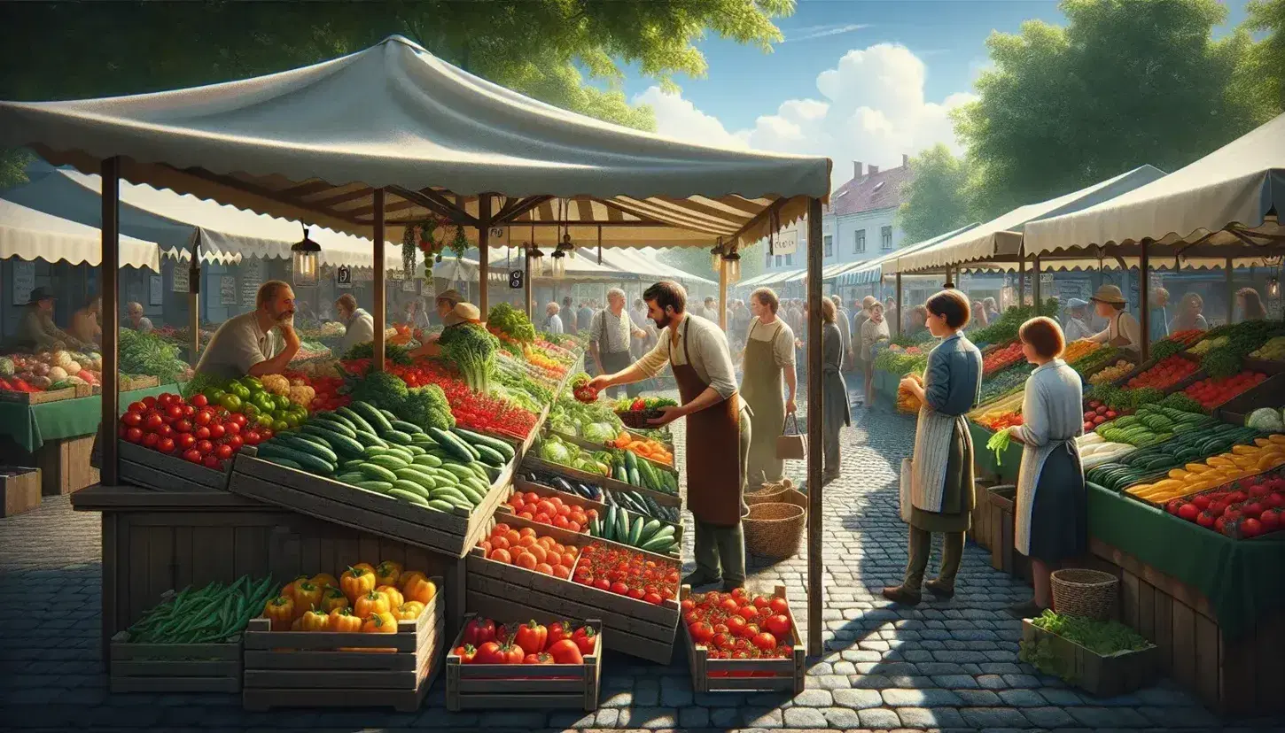 Bustling farmers' market with colorful produce on display, vendor handing vegetables to customer, outdoor setting with cobblestone street and green trees.
