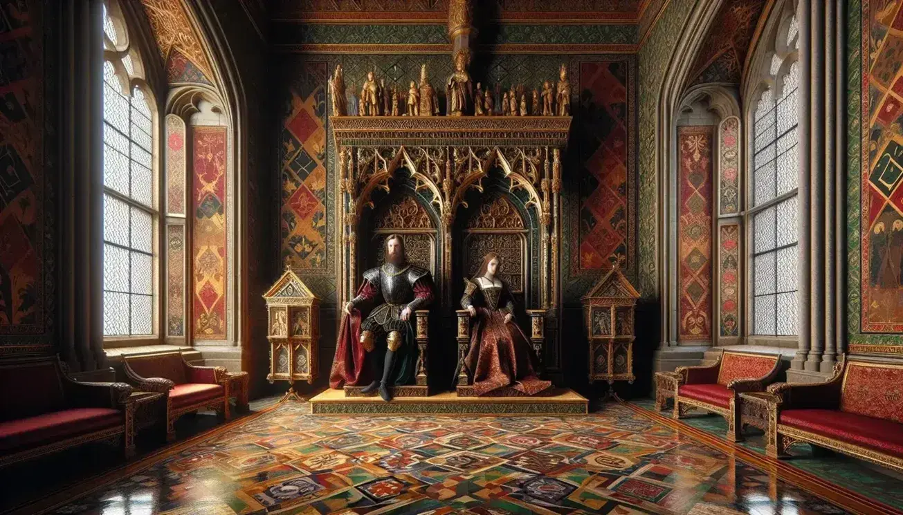 Late 15th-century castle room with ornate tapestries, mosaic tiled floor, carved wooden thrones with red velvet, and a portrait of regal figures.