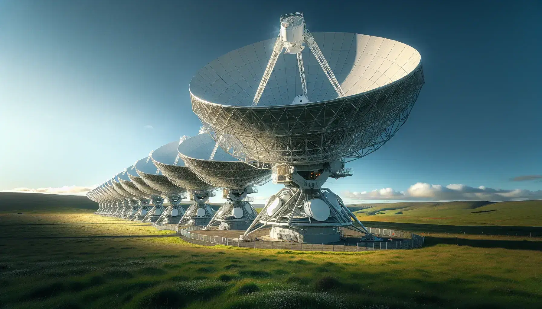 Array di parabole satellitari bianche su campo erboso con cielo azzurro e colline verdi in lontananza.