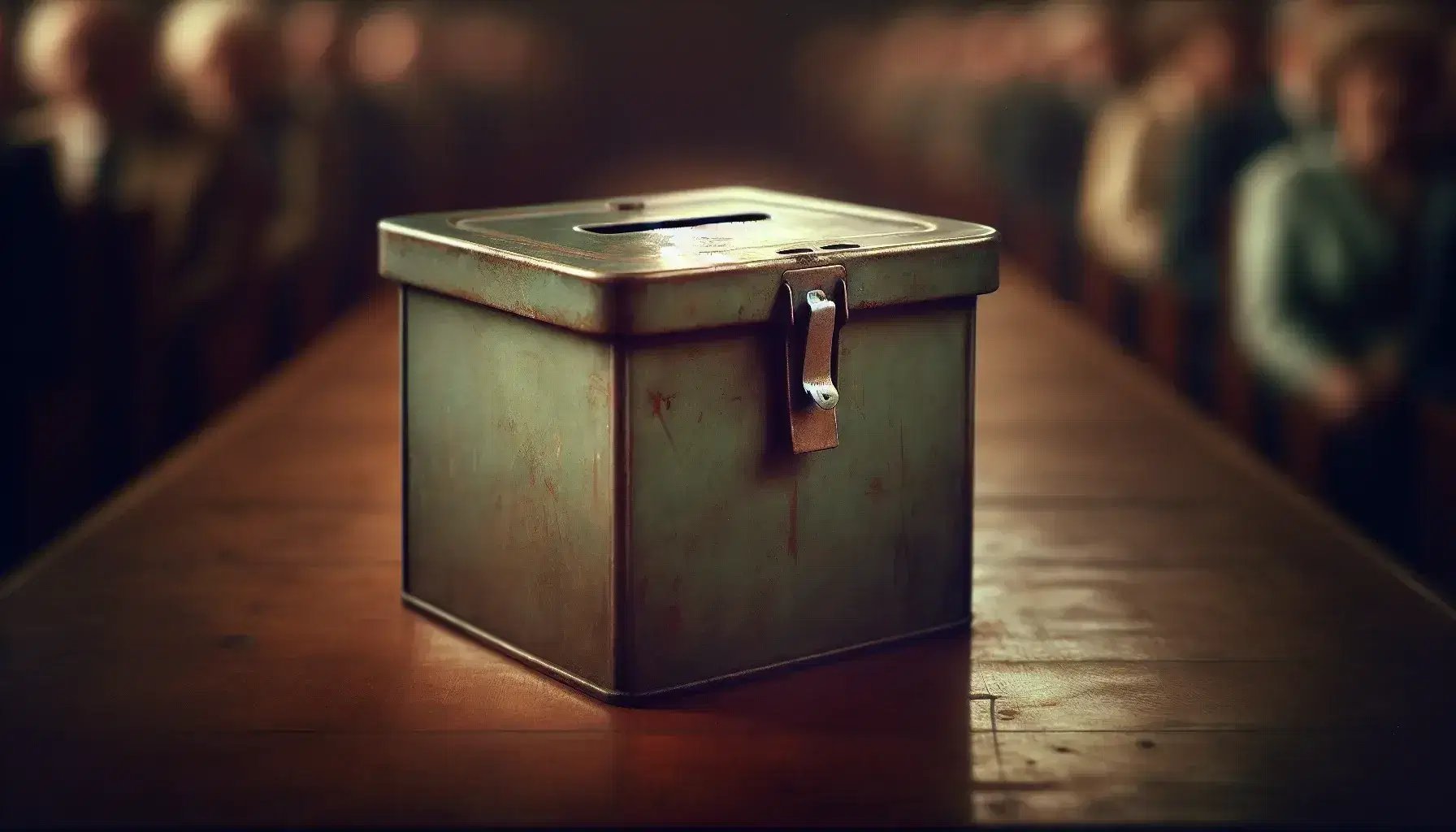 Vintage metal ballot box on wooden table with blurred people in line with ballots, solemn atmosphere and soft lighting.