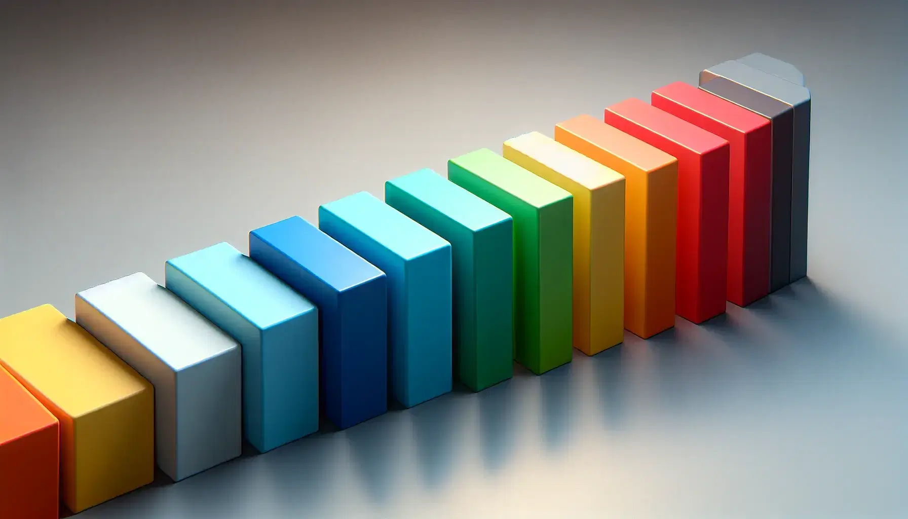 Colorful rectangular blocks in a diagonal row from red to yellow on a light gray background, soft shadows underneath, front view.