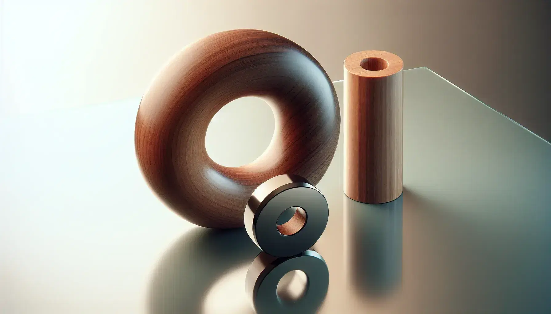 Polished dark wood torus, vertical light wood cylinder, and shiny metallic washer on reflective glass surface against a gradient background.