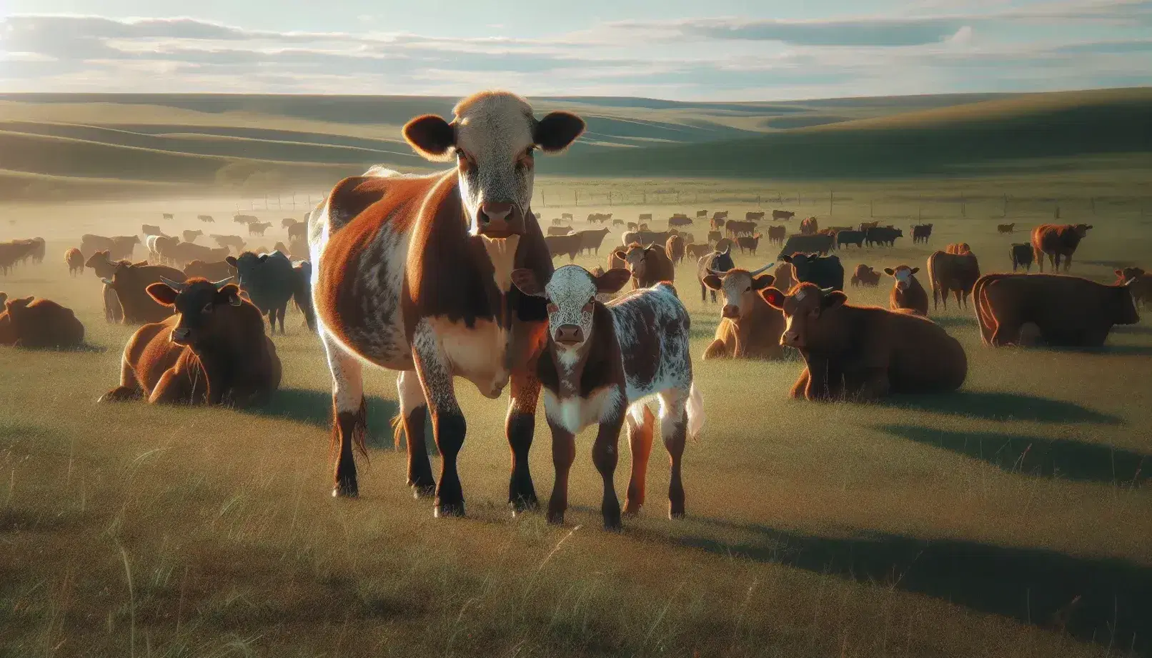 Vaca marrón con manchas blancas y su ternero alimentándose en un campo abierto con más ganado y cielo azul con nubes dispersas.