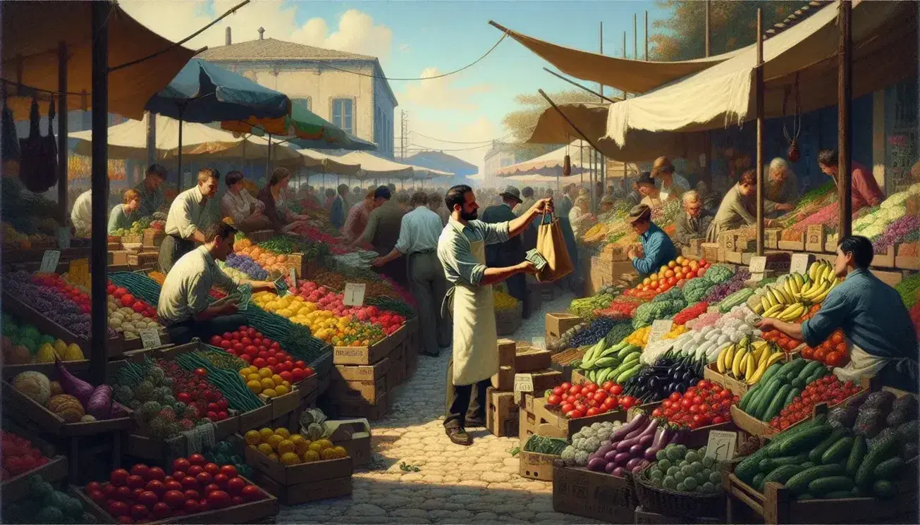 Bustling outdoor market with colorful fruit and vegetable stall, vendor selling produce to customer exchanging money, other stalls and shoppers in background.