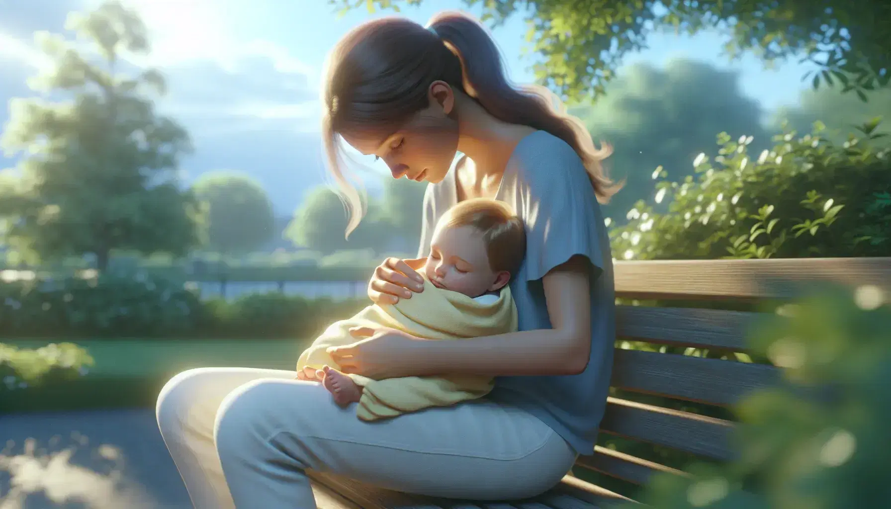 Madre con capelli castani e camicia blu tiene in braccio neonato avvolto in coperta gialla su panchina in parco, alberi e cielo azzurro sullo sfondo.