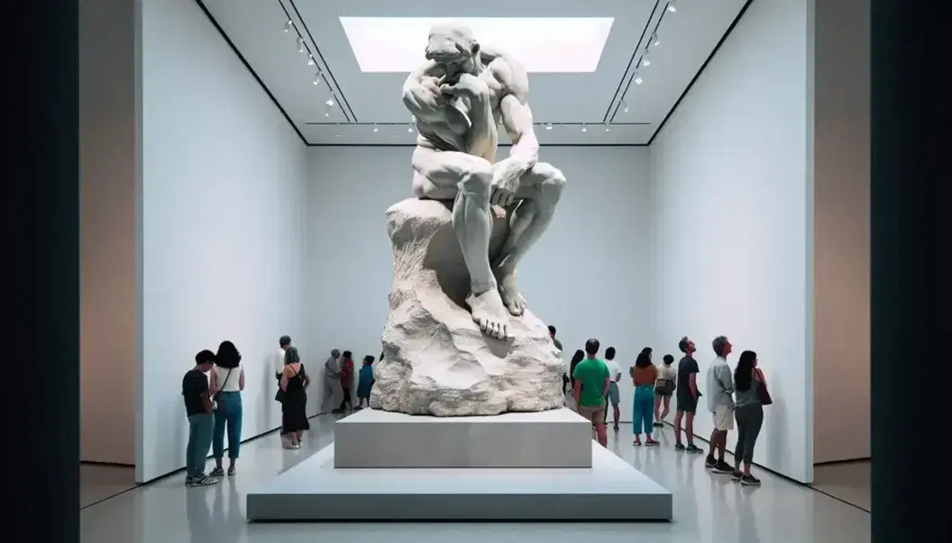 Statua in bronzo bianco patinato di uomo nudo seduto su masso in posa pensierosa in museo d'arte moderna con visitatori vari.