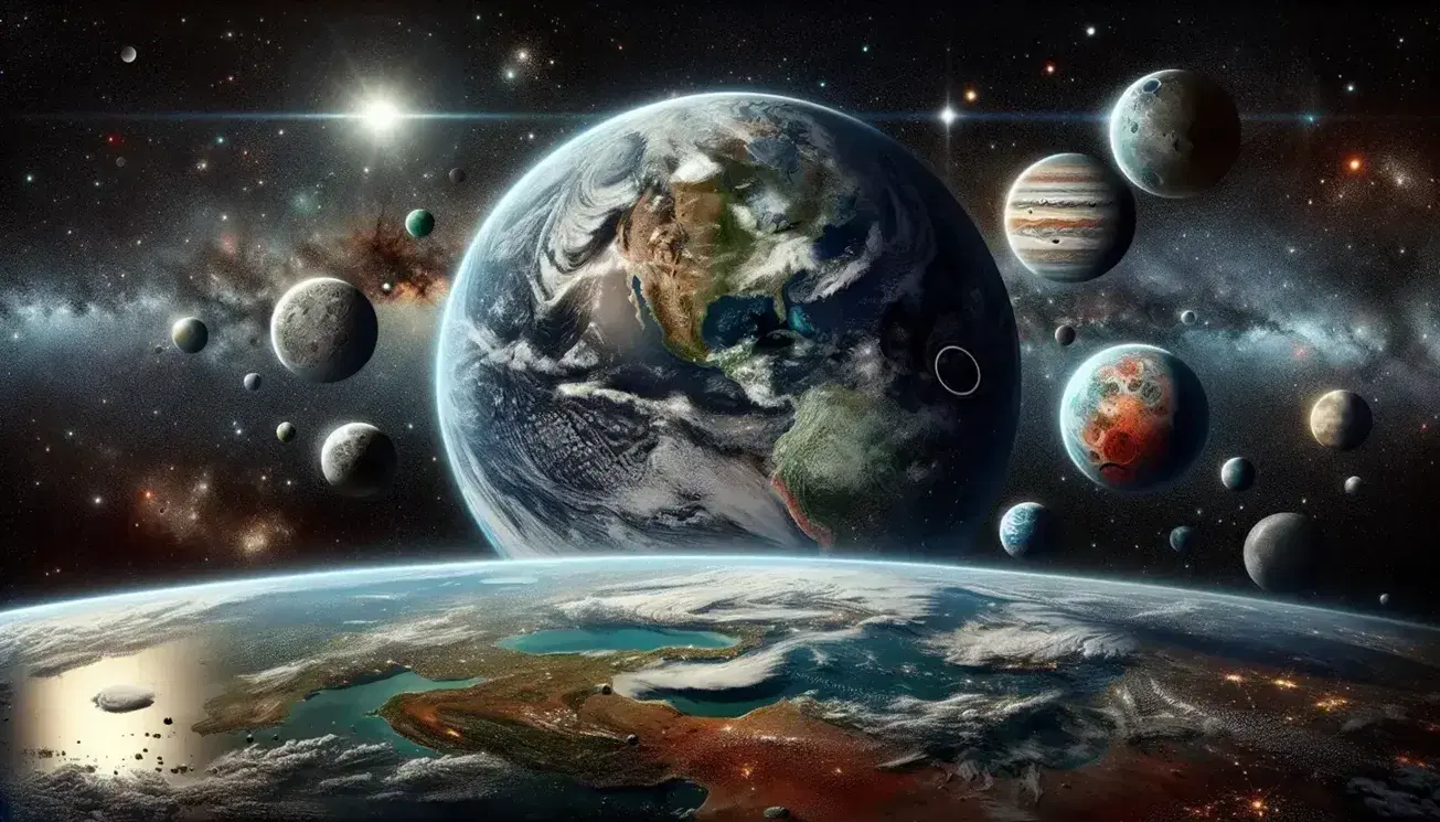 Vista panorámica del espacio con la Tierra y la Luna en primer plano, rodeadas de planetas menores y anillos, sobre fondo estrellado.