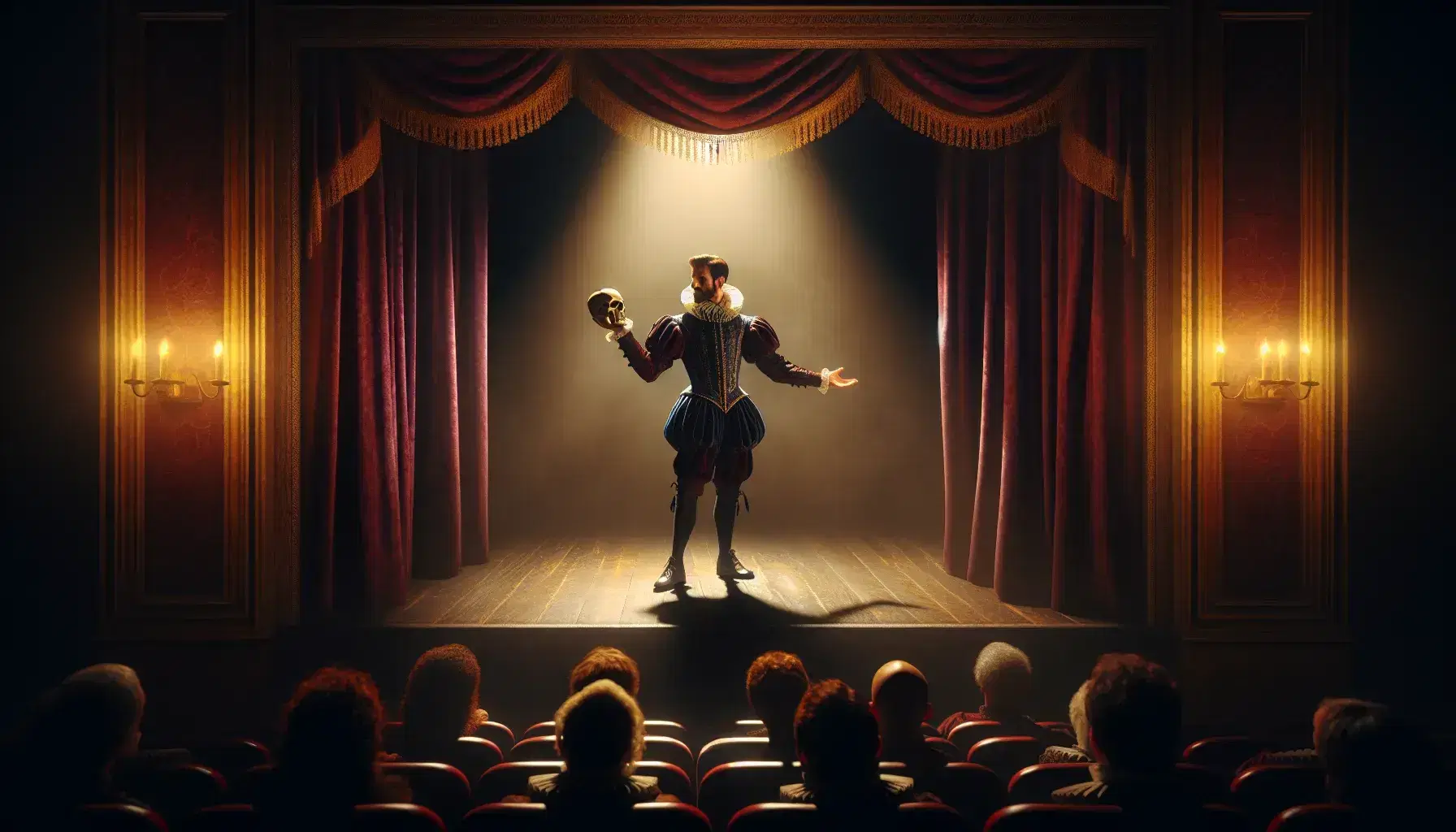 Actor in Elizabethan costume with skull in hand on theater stage with red curtains and audience in shadow.