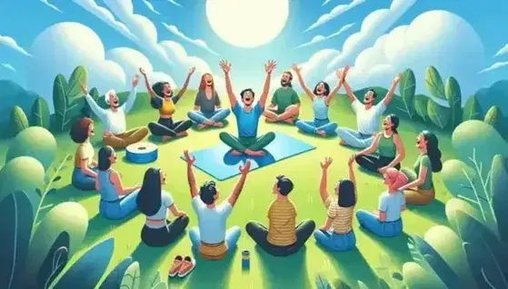Gruppo multietnico in cerchio su prato verde ride durante lezione di yoga all'aperto, con istruttore su tappetino blu.