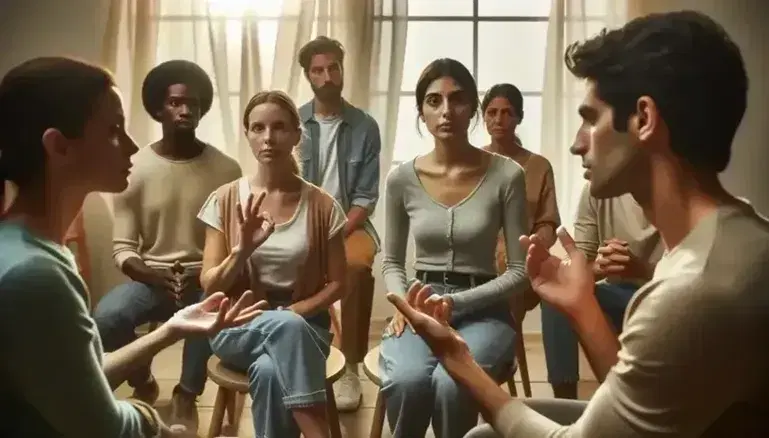 Heterogeneous group in conversation, Caucasian woman communicates with sign language, black man gesticulates, Hispanic woman listens attentively, empathy and dialogue in a serene environment.