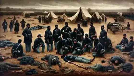 African-American soldiers in Union uniforms surround a fallen comrade on a Civil War battlefield under a cloudy sky.