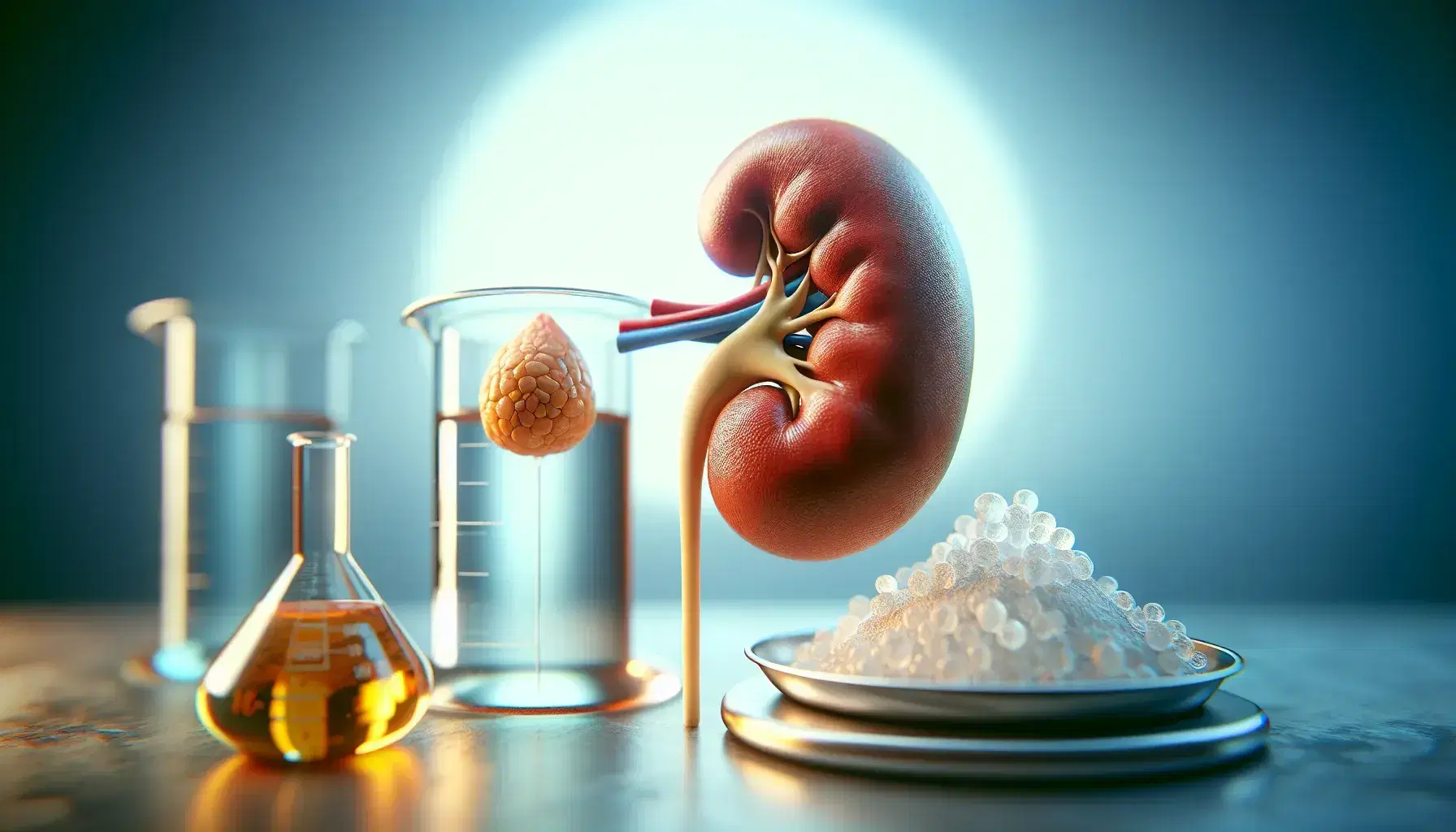 Close-up view of a human kidney with an adrenal gland on top, beside a beaker of urine and a balance scale with sodium and potassium, in a blue medical backdrop.
