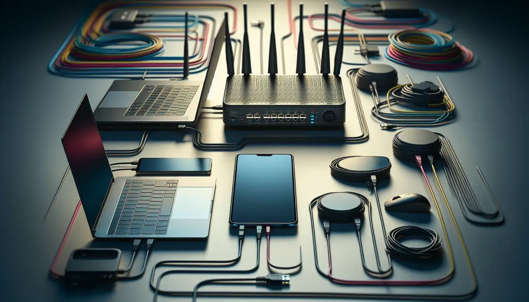 Router negro con antenas y dispositivos electrónicos como un portátil abierto y un smartphone en superficie clara con cables de colores al fondo.