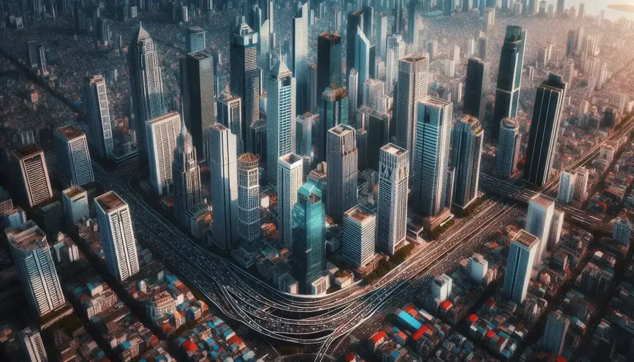 Vista aérea de metrópoli con rascacielos reflejando el sol, calles con tráfico y zonas verdes en los bordes bajo un cielo azul despejado.