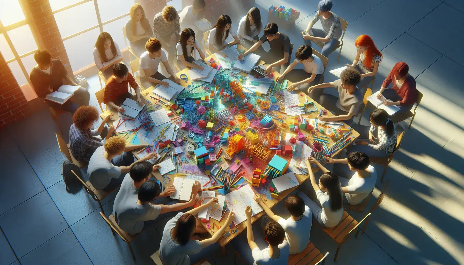 Grupo diverso de estudiantes colaborando activamente alrededor de una mesa con materiales escolares y un prototipo de bloques de construcción, en un ambiente iluminado y dinámico.