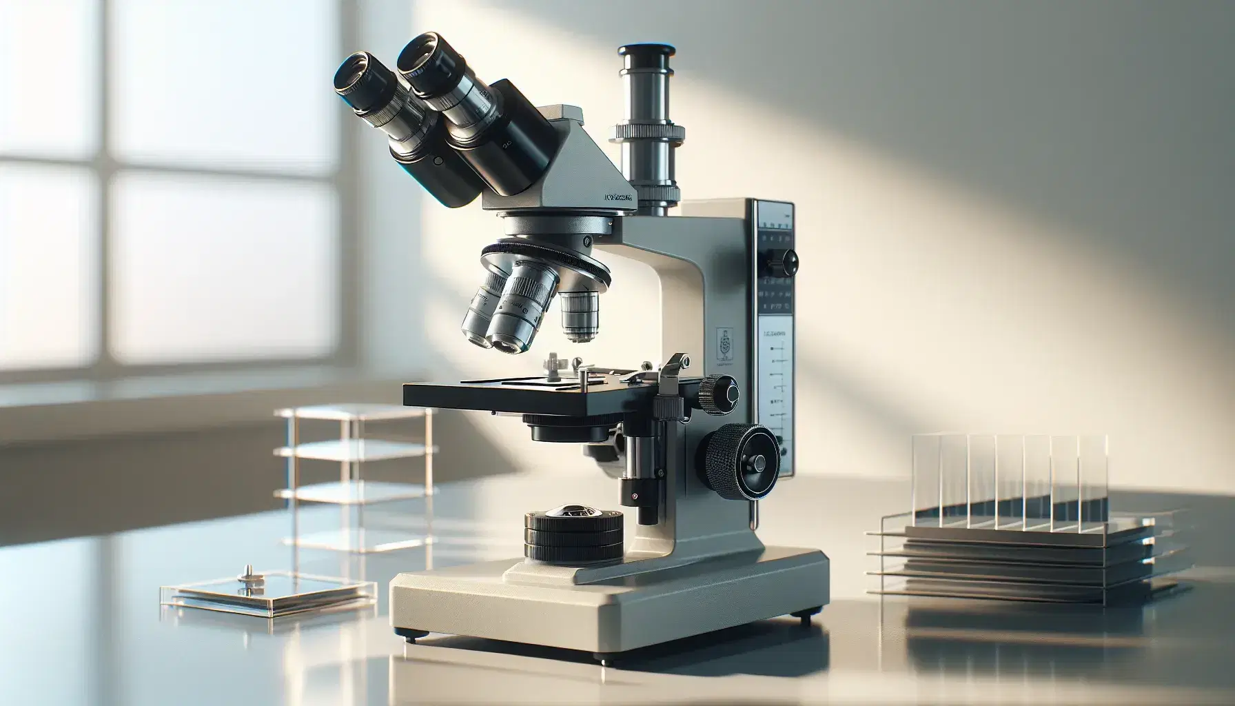 Microscopio óptico de laboratorio clásico en negro y plata sobre mesa clara con portaobjetos y cubreobjetos al lado, iluminado suavemente.