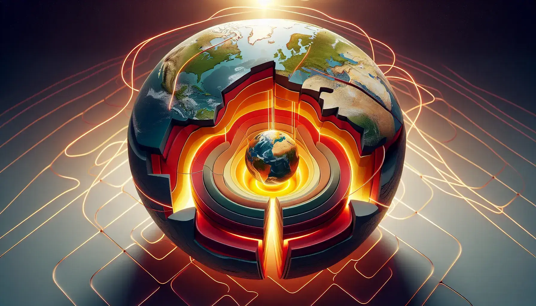 Sezione trasversale della Terra che mostra il nucleo interno, il nucleo esterno, il mantello e la crosta con linee di flusso termico.