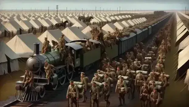 Early 20th century uniformed soldiers board a steam train for World War I mobilization, with military tents in the background.