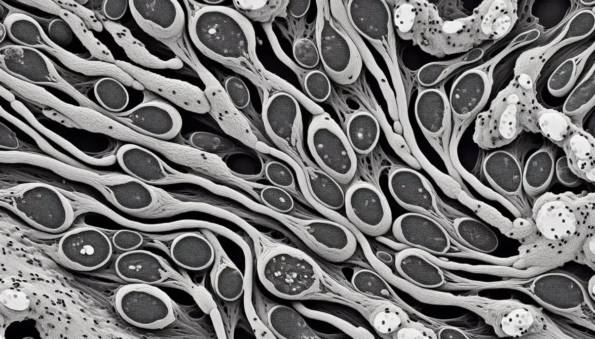Vista microscópica de tejido testicular humano mostrando tubos seminíferos y células intersticiales sin anotaciones.