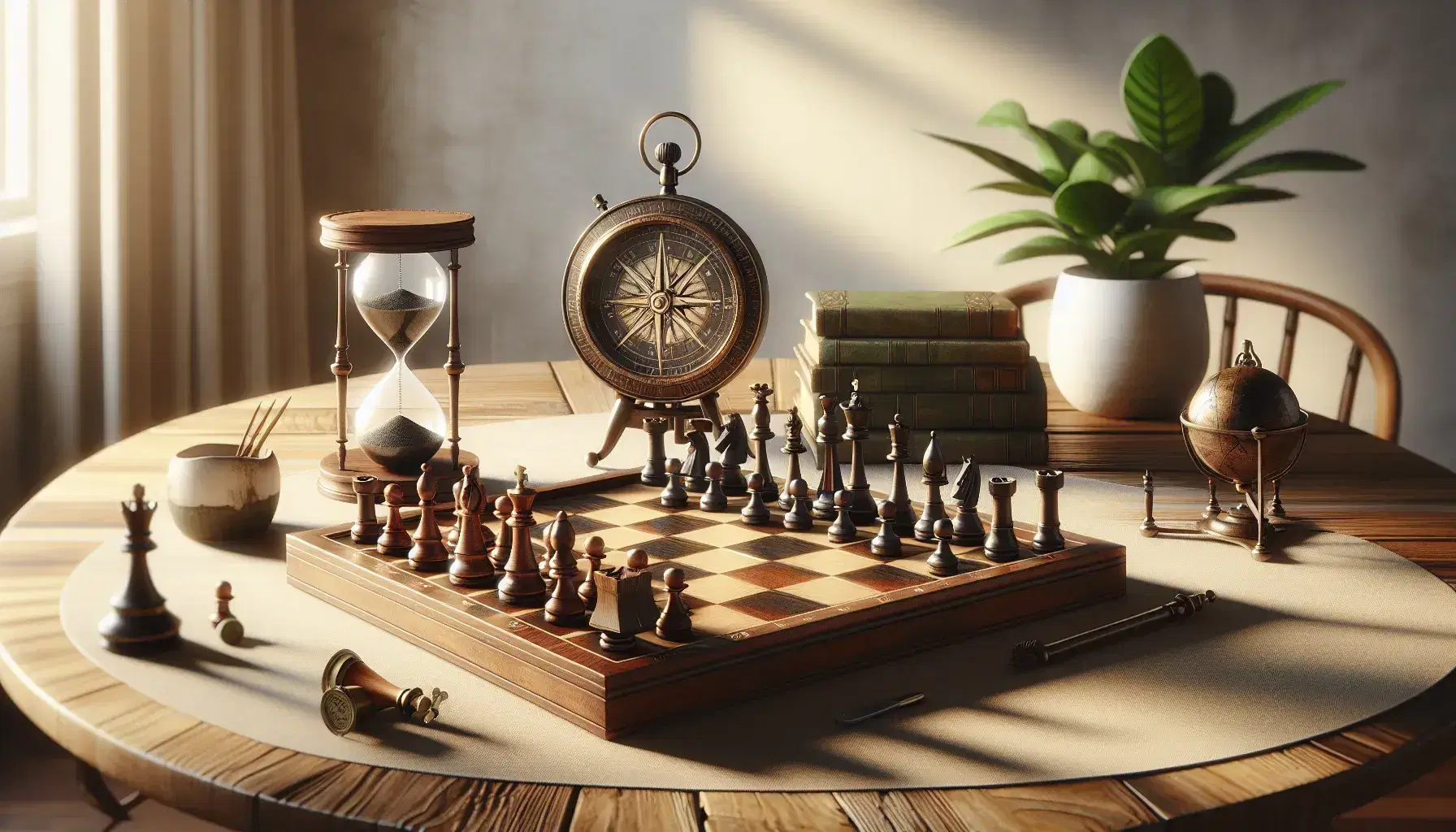 Mesa de madera clara con ajedrez en juego, reloj de arena marcando tiempo, brújula antigua y planta verde en maceta blanca bajo luz natural.
