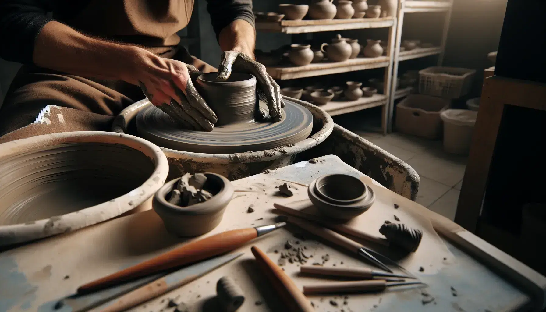 Manos de artesano modelando un jarrón de arcilla en un torno de alfarería, con herramientas de modelado y piezas cerámicas al fondo.