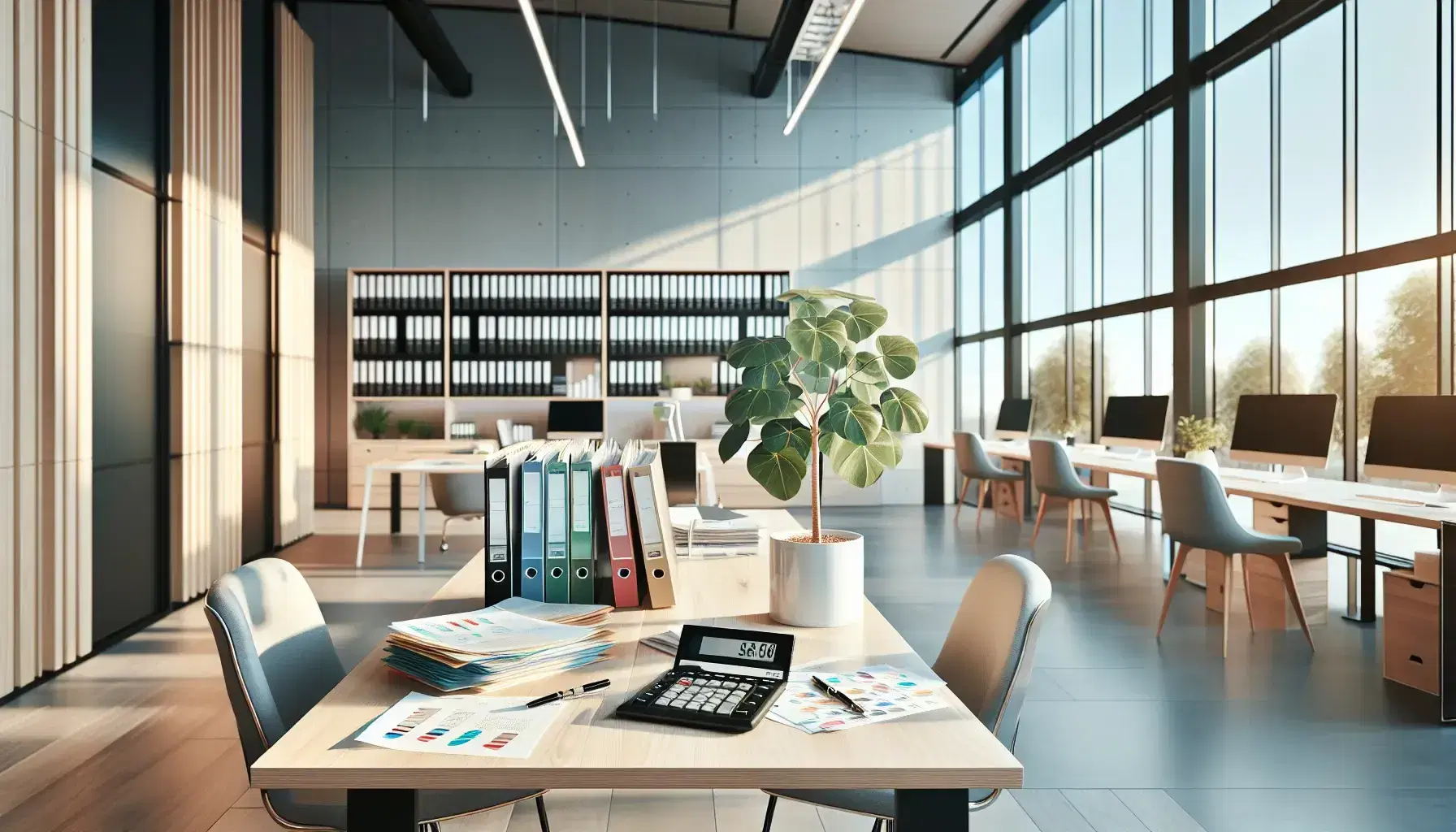Oficina moderna y luminosa con mesa de madera clara, calculadora grande, papeles organizados y planta interior, con ventana al fondo mostrando cielo azul.