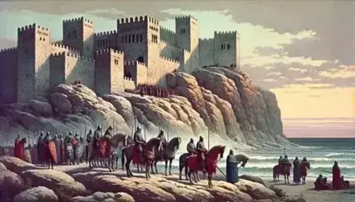 Stone fortress on coastal cliff with knights in medieval armor at sunset, reflecting historic architecture and maritime scene.