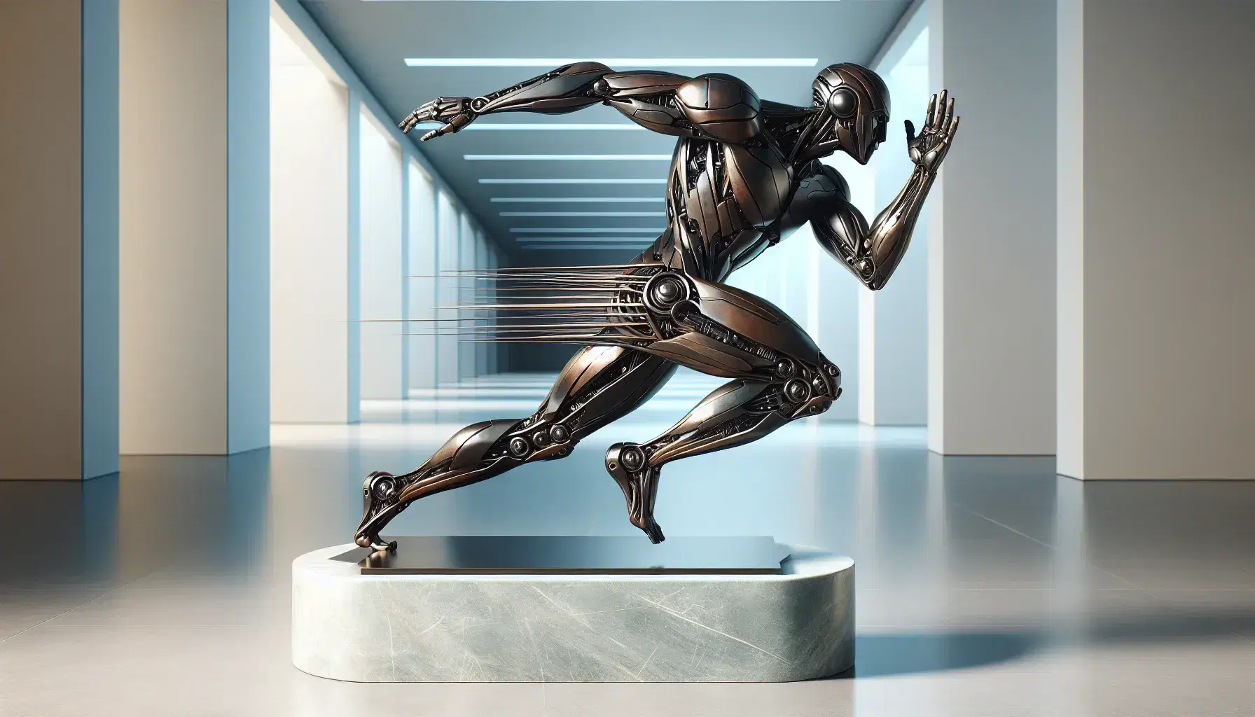 Scultura in bronzo futuristica di uomo meccanico in movimento su piedistallo di marmo bianco, con ombre nette che evidenziano dinamismo.