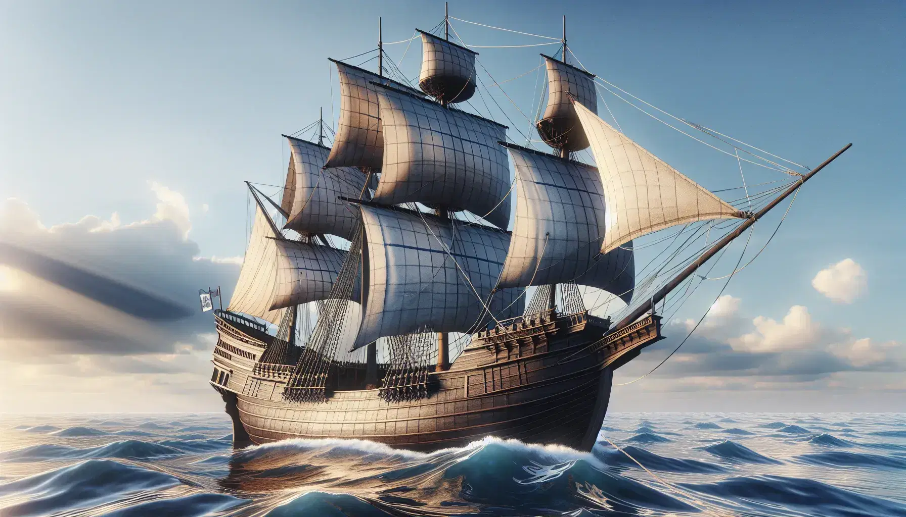 Caravella storica del XV secolo con vele latine su mare blu, castello di poppa elevato e cielo parzialmente nuvoloso.